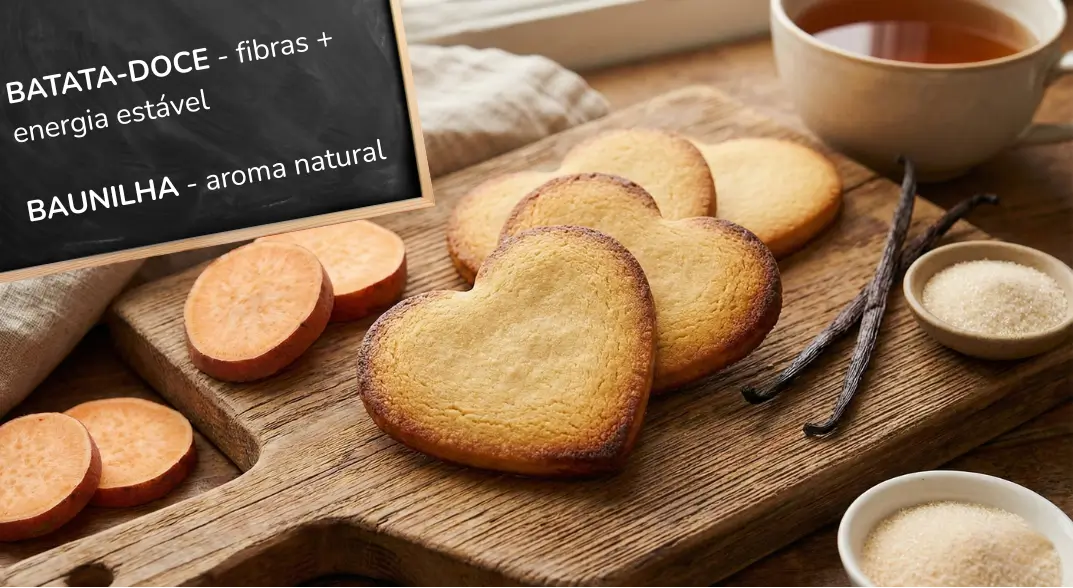 batata-doce (fibras + energia estável), baunilha (aroma natural).